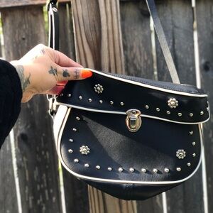 Black Leather biker Bag with white trim and studs